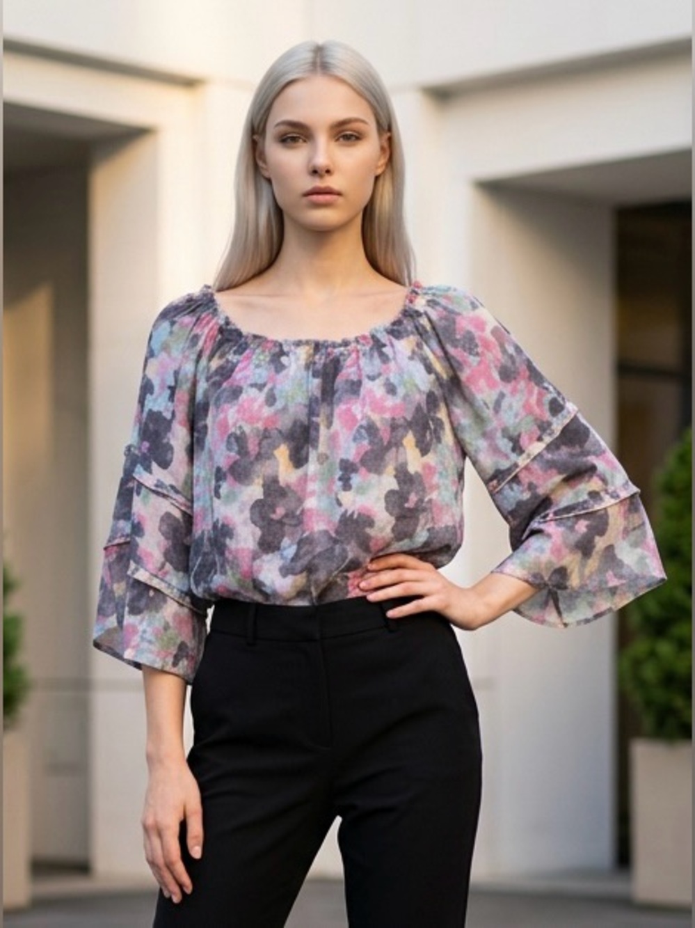 2 for $20 Zac & Rachel Watercolor Floral Blouse Tiered 3/4 Sleeves Size M NWOT